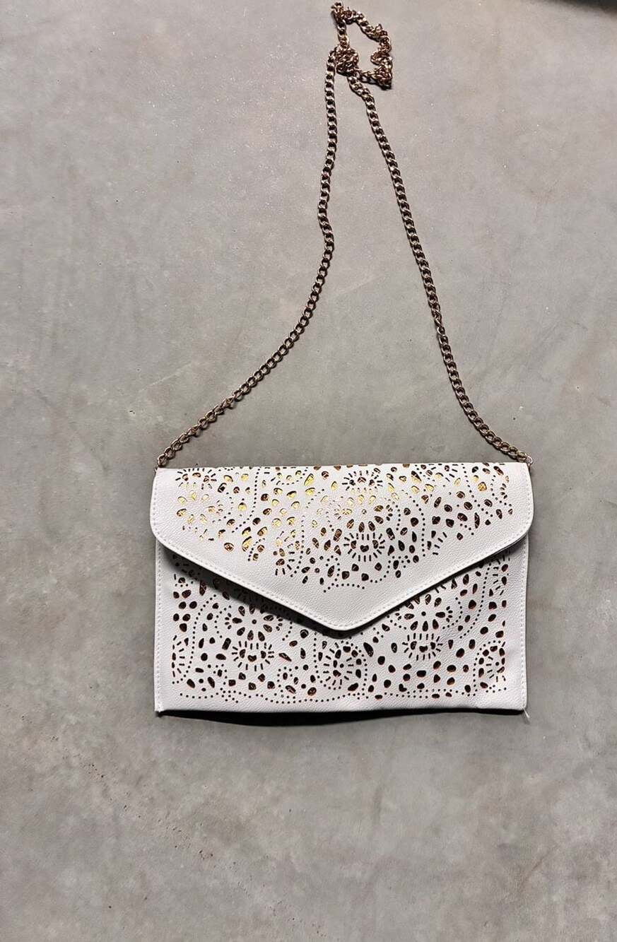 White and Gold Laser Cutout Envelope Clutch with Chain Strap